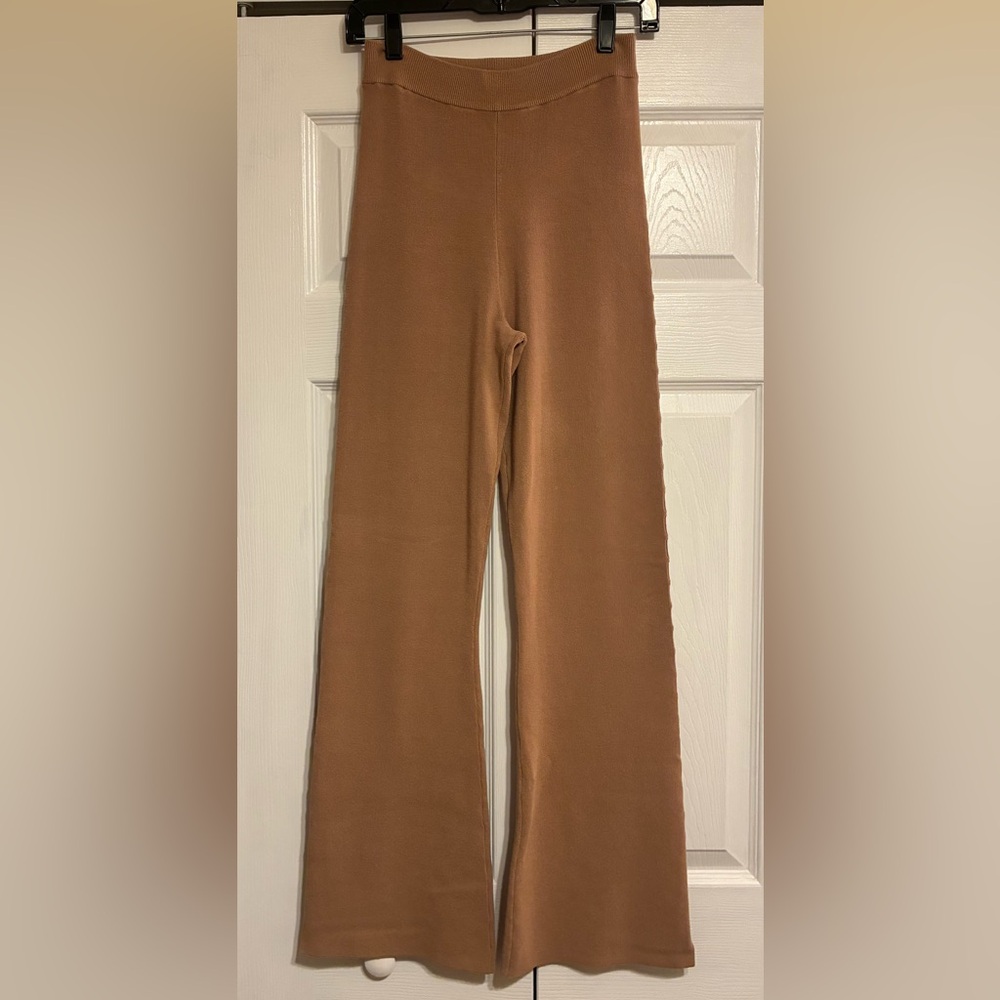 h:ours Tan Wide Leg Sweater Knit Pants with Open Side detailing